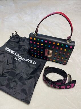 Karl Lagerfeld Black Top-Handle Bag with Multicolor Studs and Pink Handle NWOT